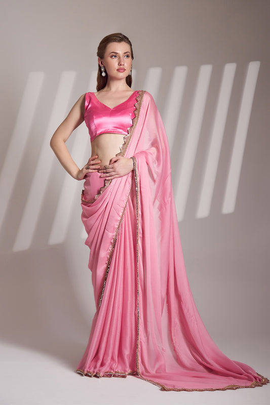 Pink Chiffon Saree With Lace And Blouse