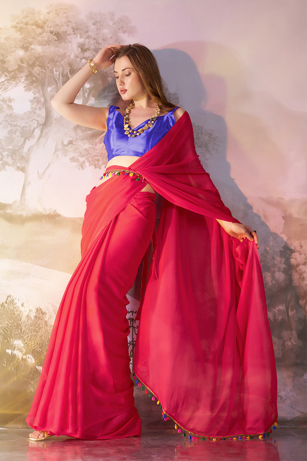 Crimson Red Chiffon Saree With Tassel And Blouse