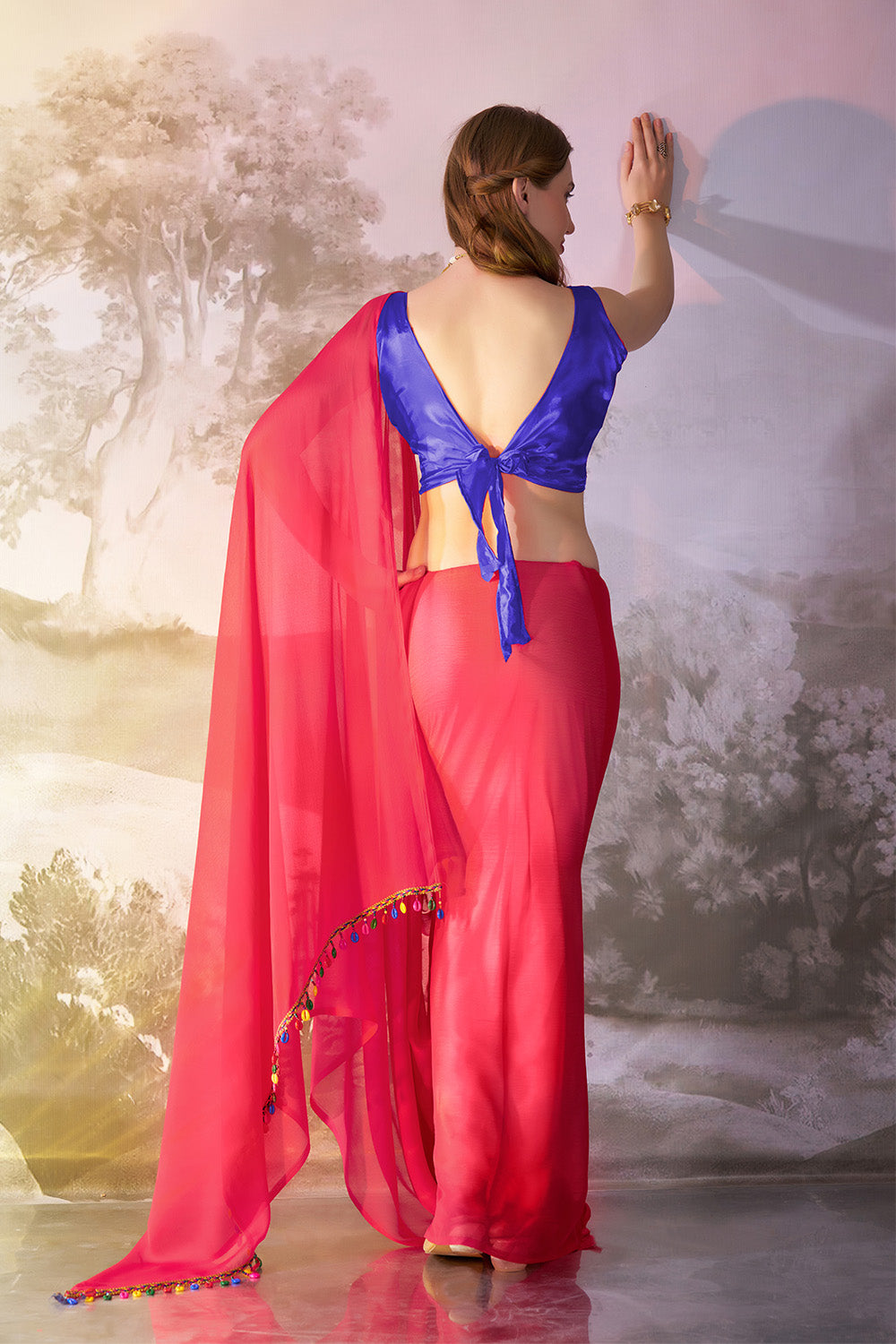 Crimson Red Chiffon Saree With Tassel And Blouse