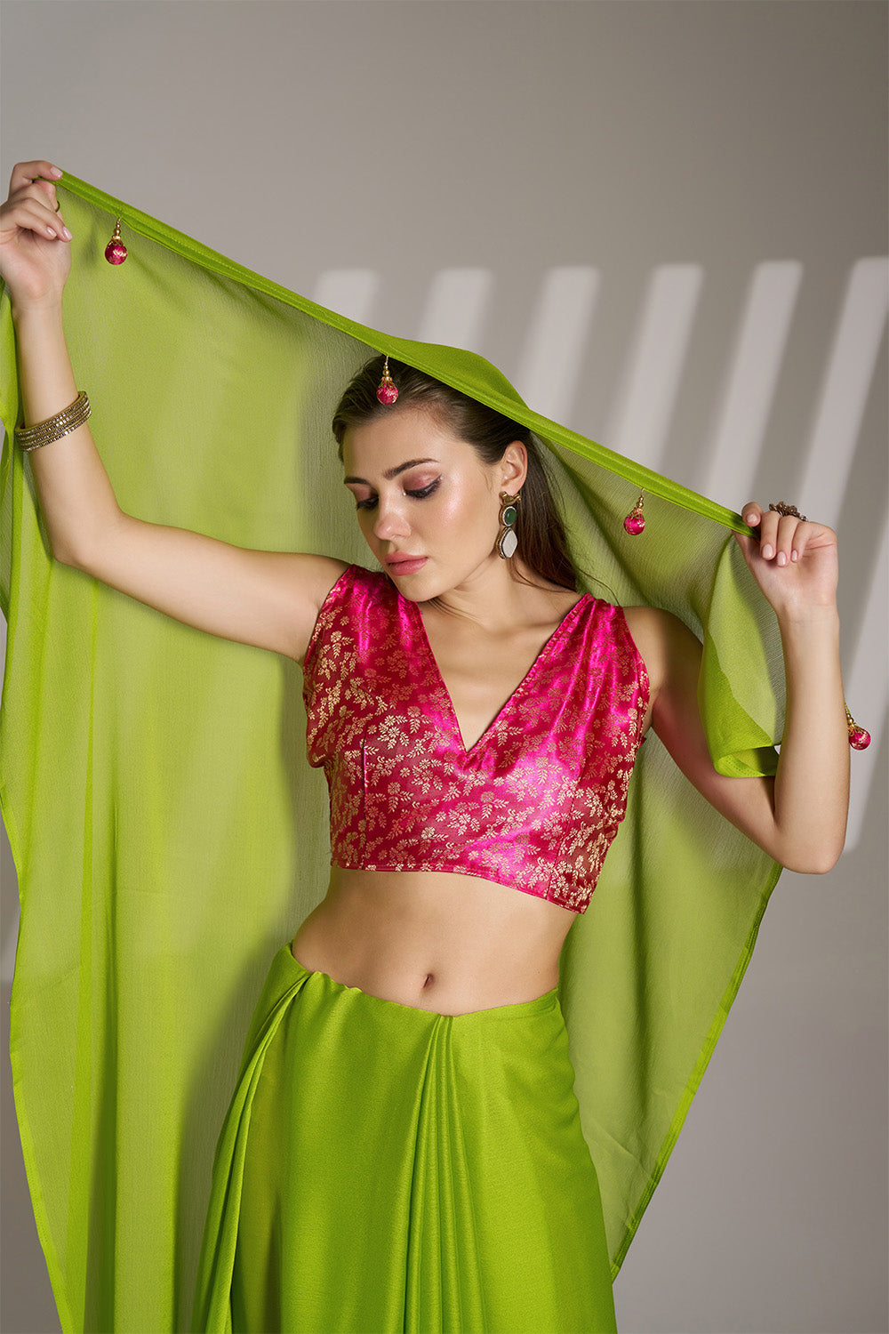 Green Chiffon Saree With Tassel And Blouse