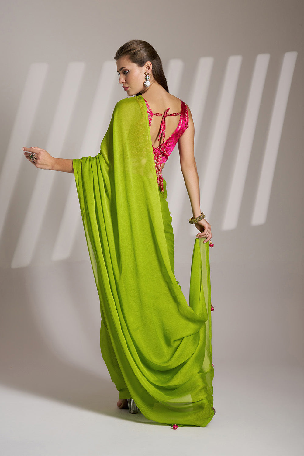 Green Chiffon Saree With Tassel And Blouse