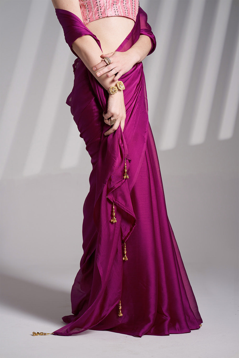 Wine Chiffon Saree With Tassel And Blouse
