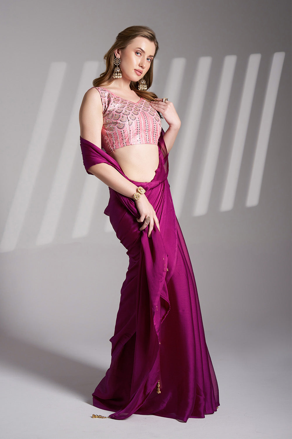 Wine Chiffon Saree With Tassel And Blouse