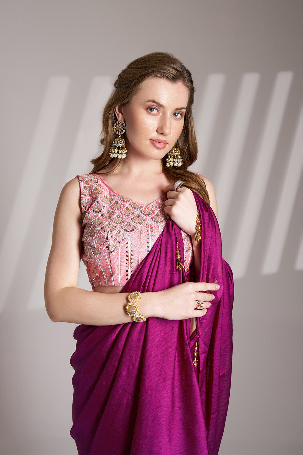 Wine Chiffon Saree With Tassel And Blouse