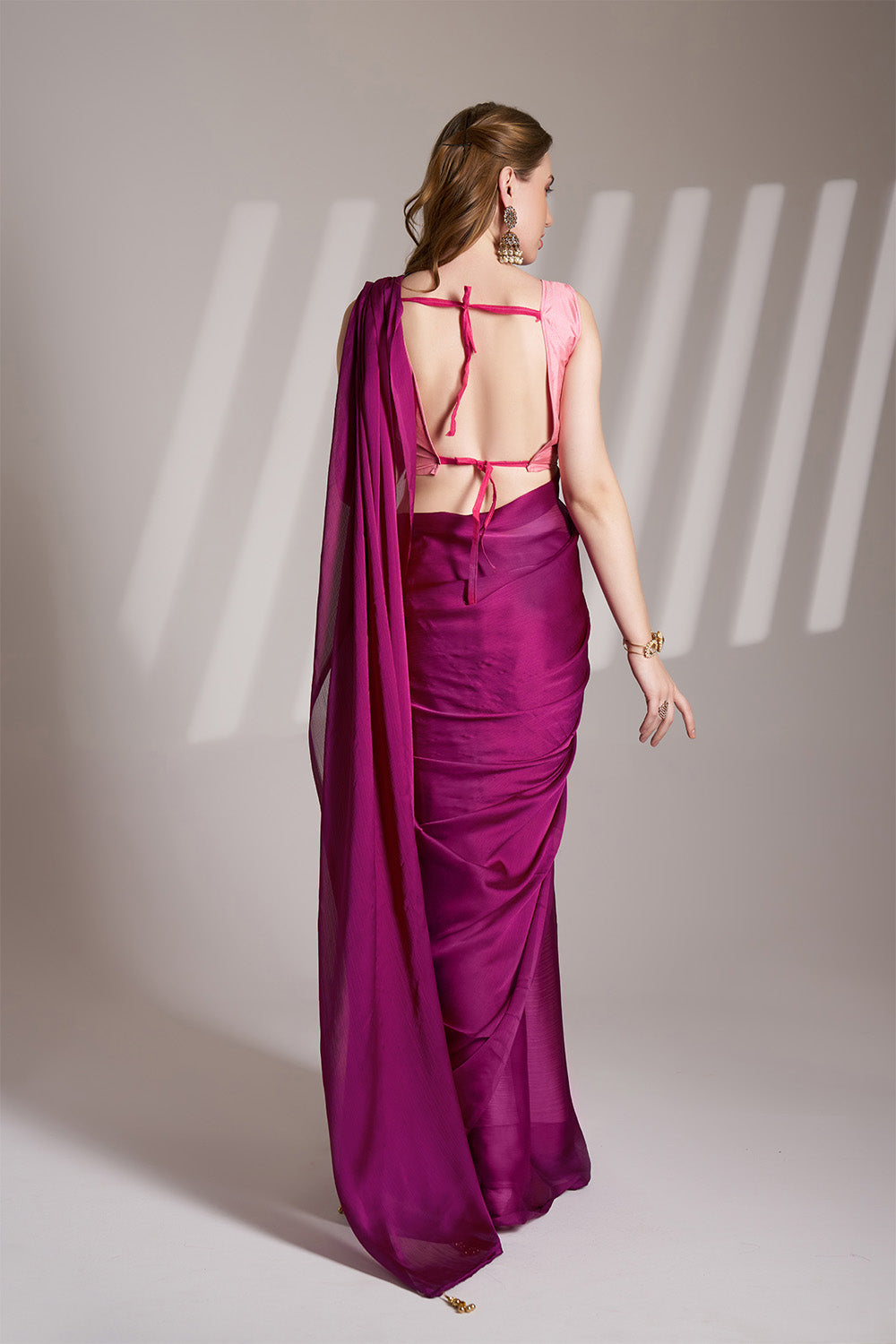 Wine Chiffon Saree With Tassel And Blouse