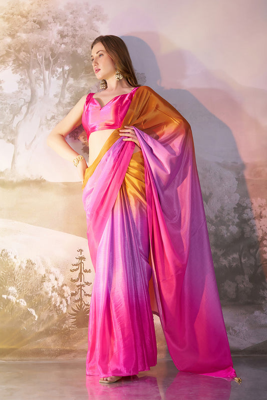 Multicolor Chiffon Saree With Tassel And Blouse
