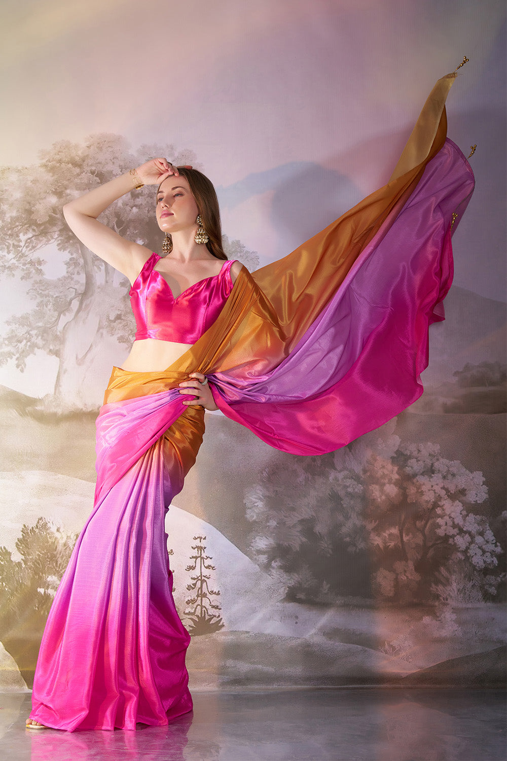 Multicolor Chiffon Saree With Tassel And Blouse