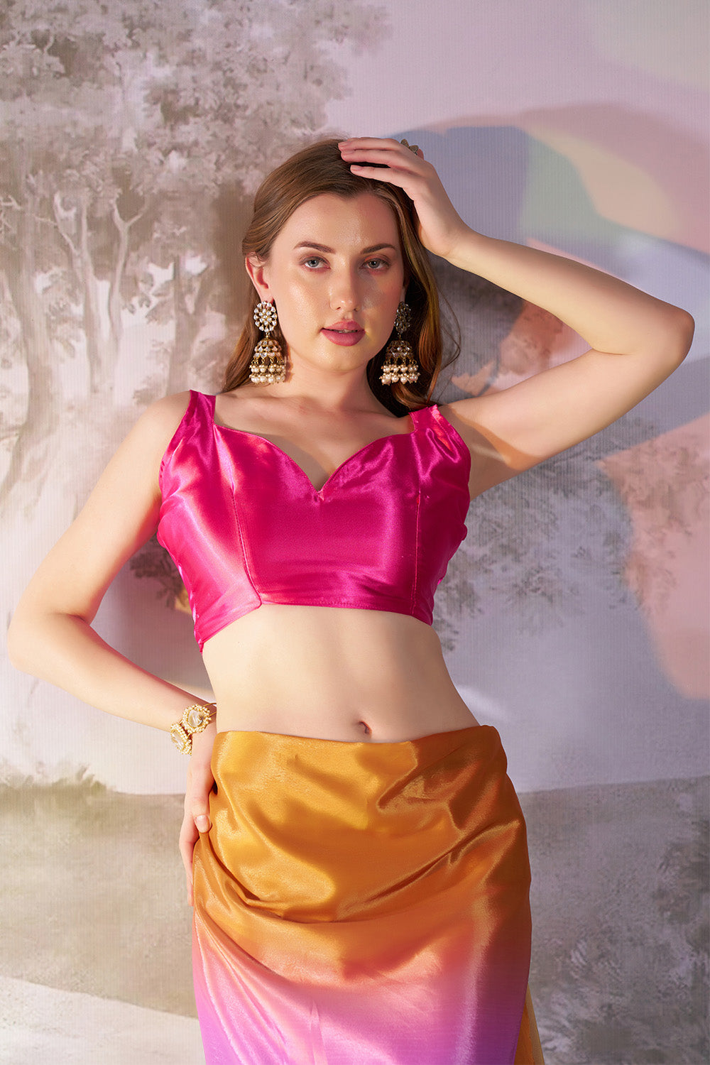 Multicolor Chiffon Saree With Tassel And Blouse