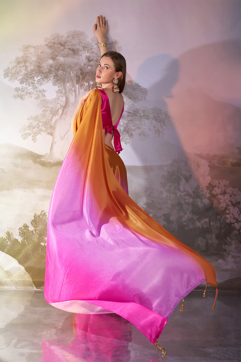 Multicolor Chiffon Saree With Tassel And Blouse