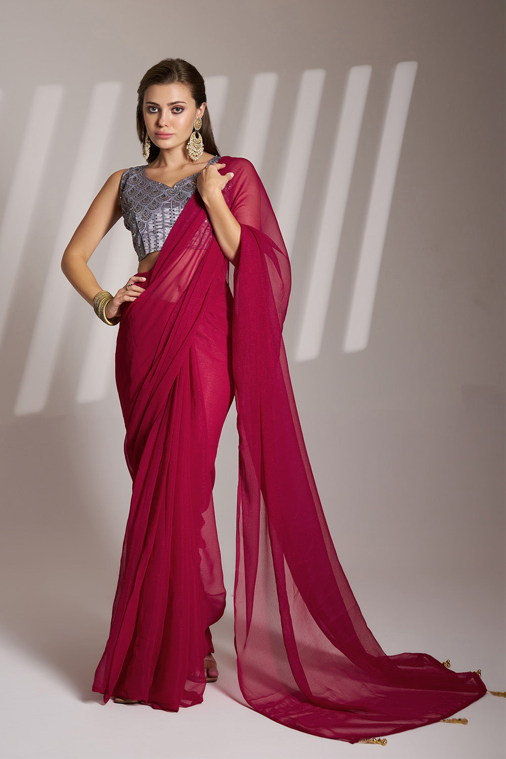 Hot Pink Chiffon Saree With Tassel And Blouse