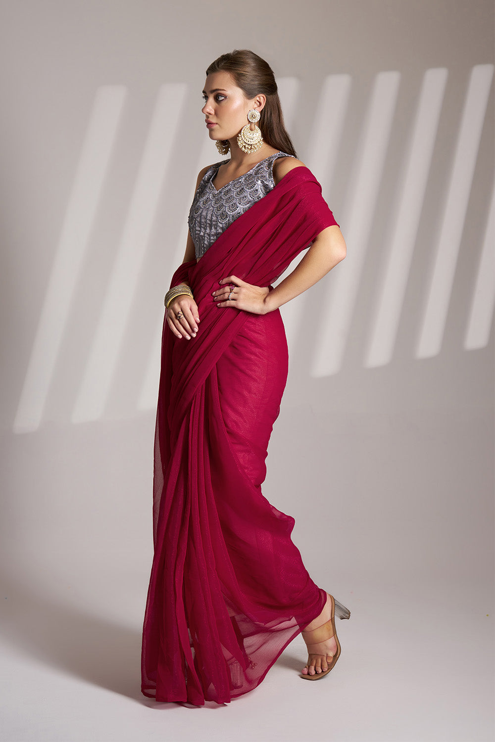 Hot Pink Chiffon Saree With Tassel And Blouse