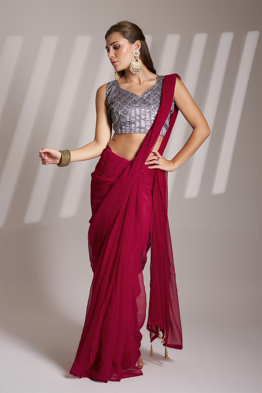 Hot Pink Chiffon Saree With Tassel And Blouse