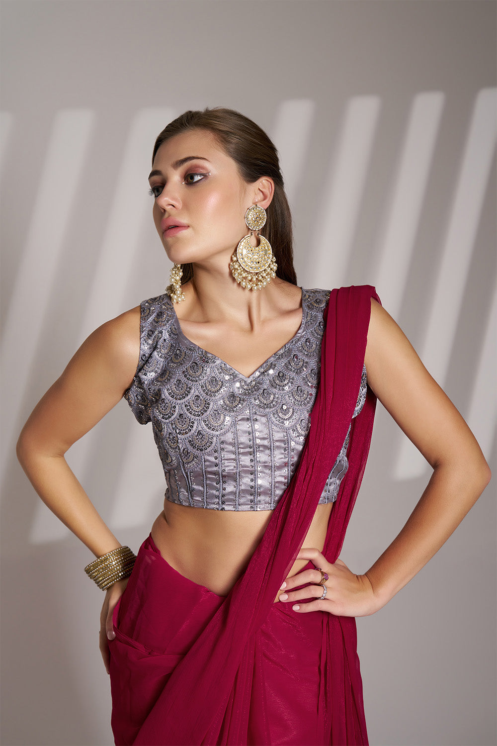 Hot Pink Chiffon Saree With Tassel And Blouse