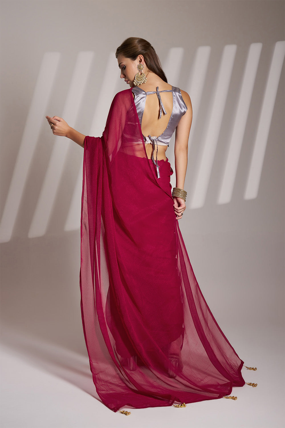 Hot Pink Chiffon Saree With Tassel And Blouse