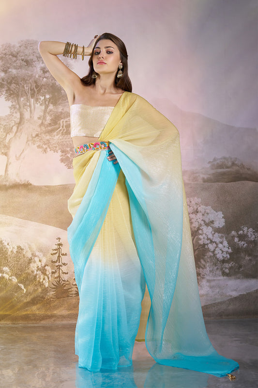 Yellow Chiffon Saree With Tassel And Blouse