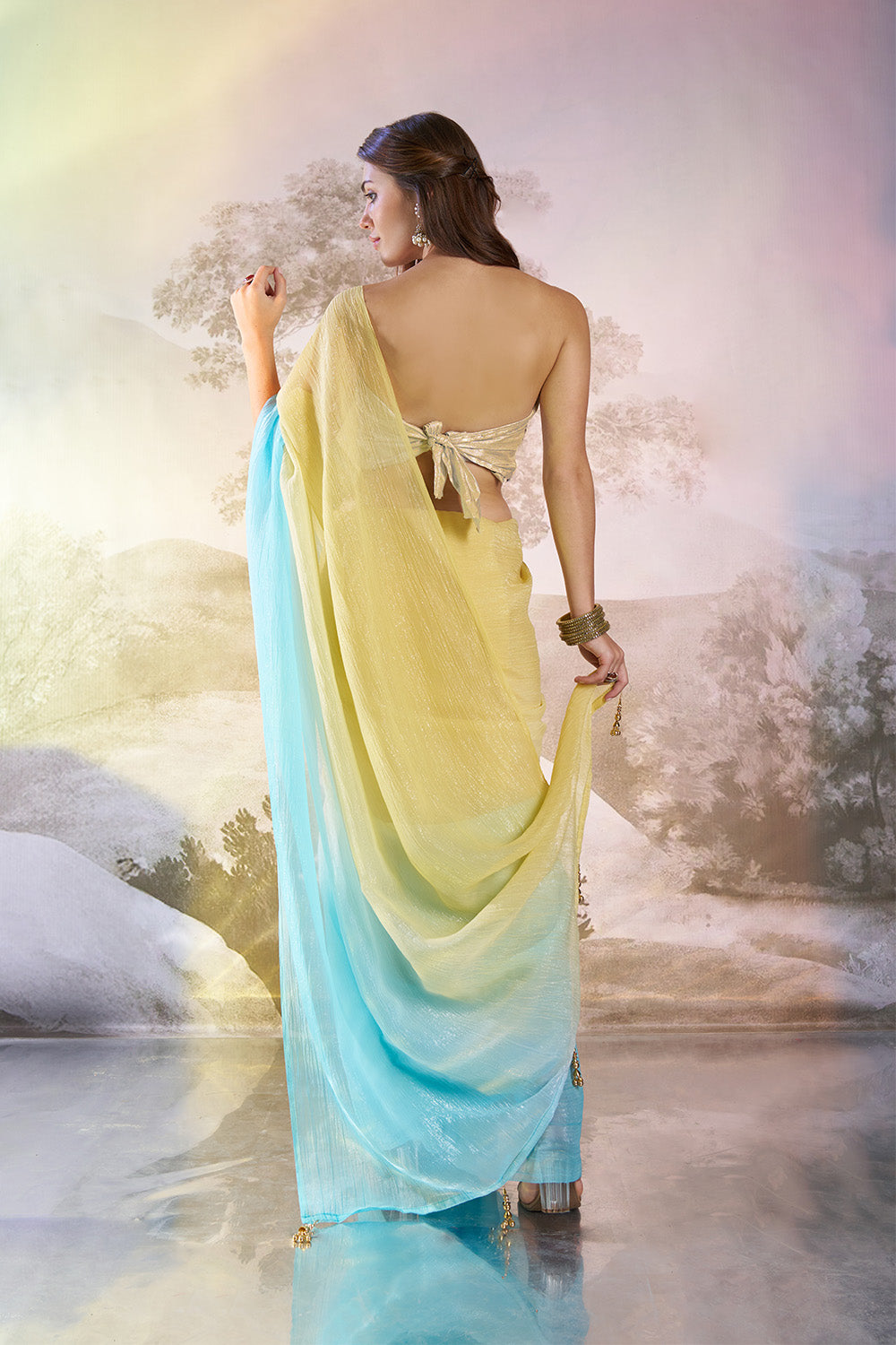 Yellow Chiffon Saree With Tassel And Blouse