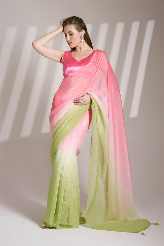 Multicolor Chiffon Saree With Tassel And Blouse