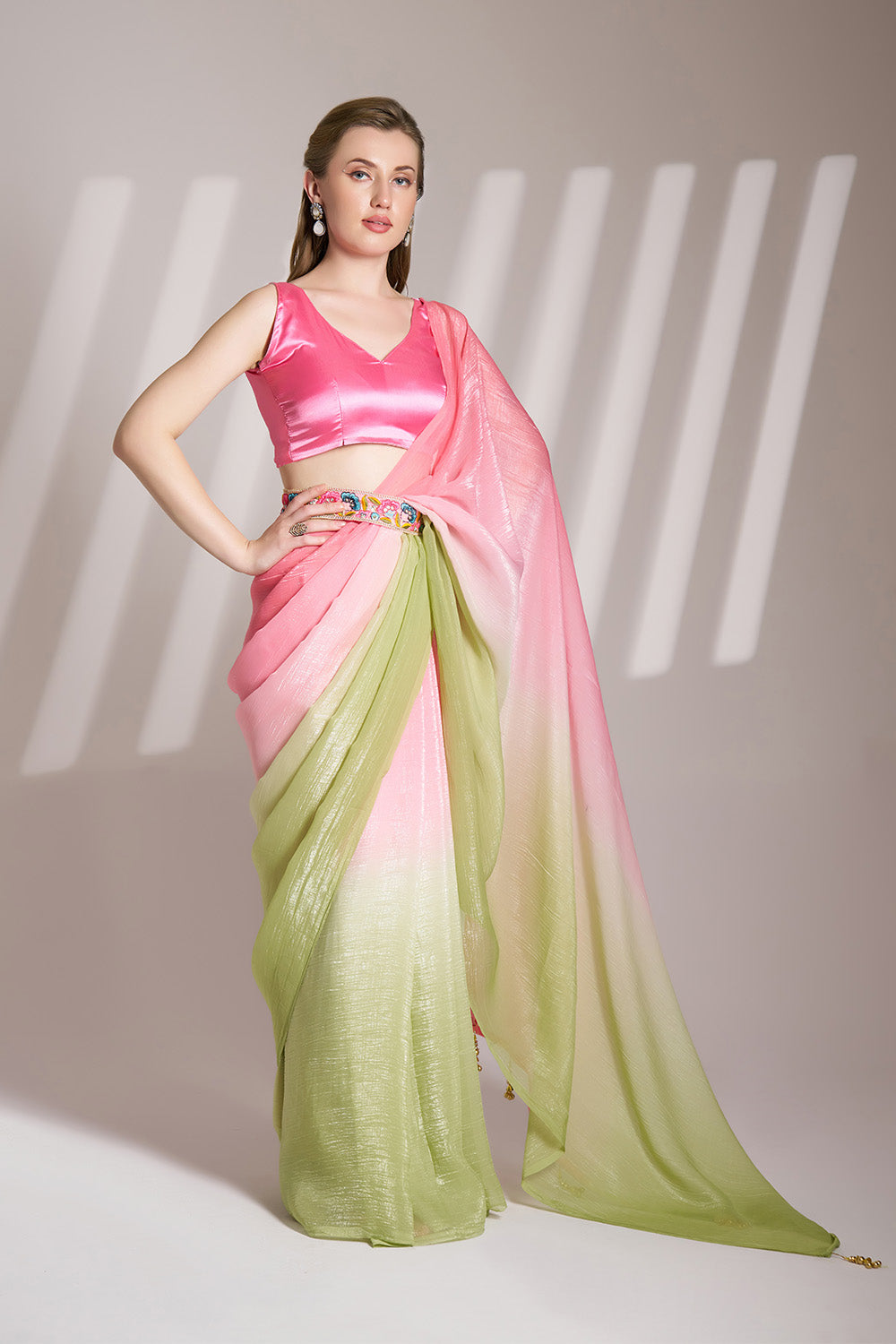 Multicolor Chiffon Saree With Tassel And Blouse