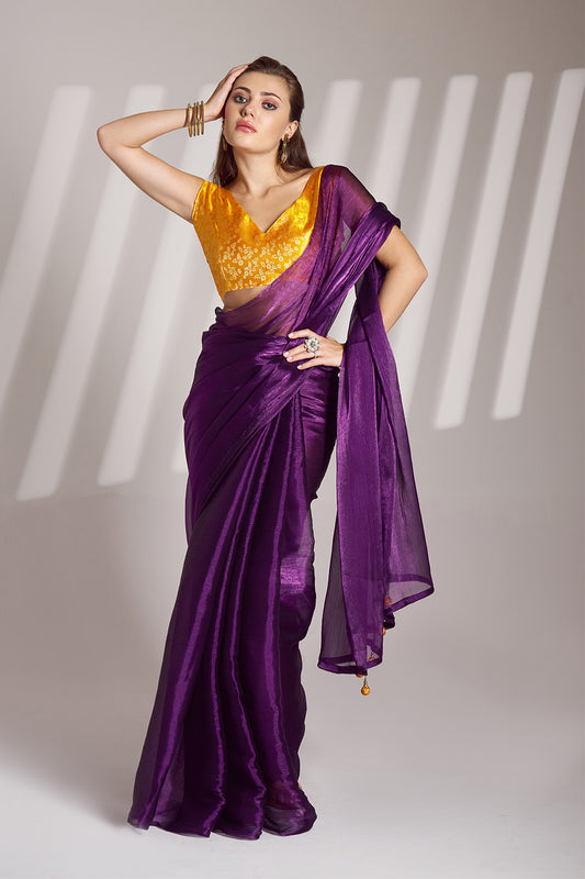 Purple Organza Saree With Tassel And Blouse