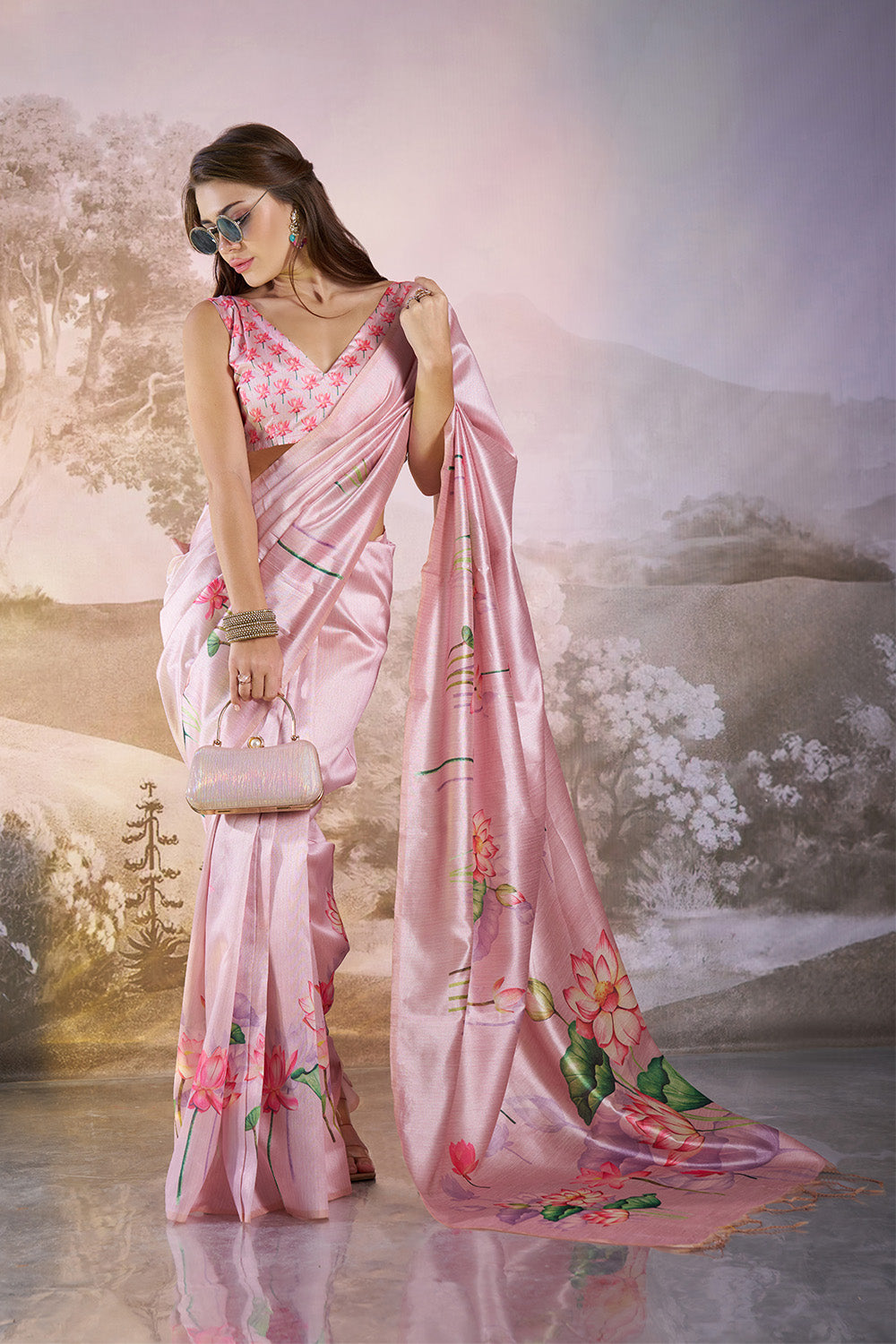 Pink Linen Blend Print Saree With Blouse