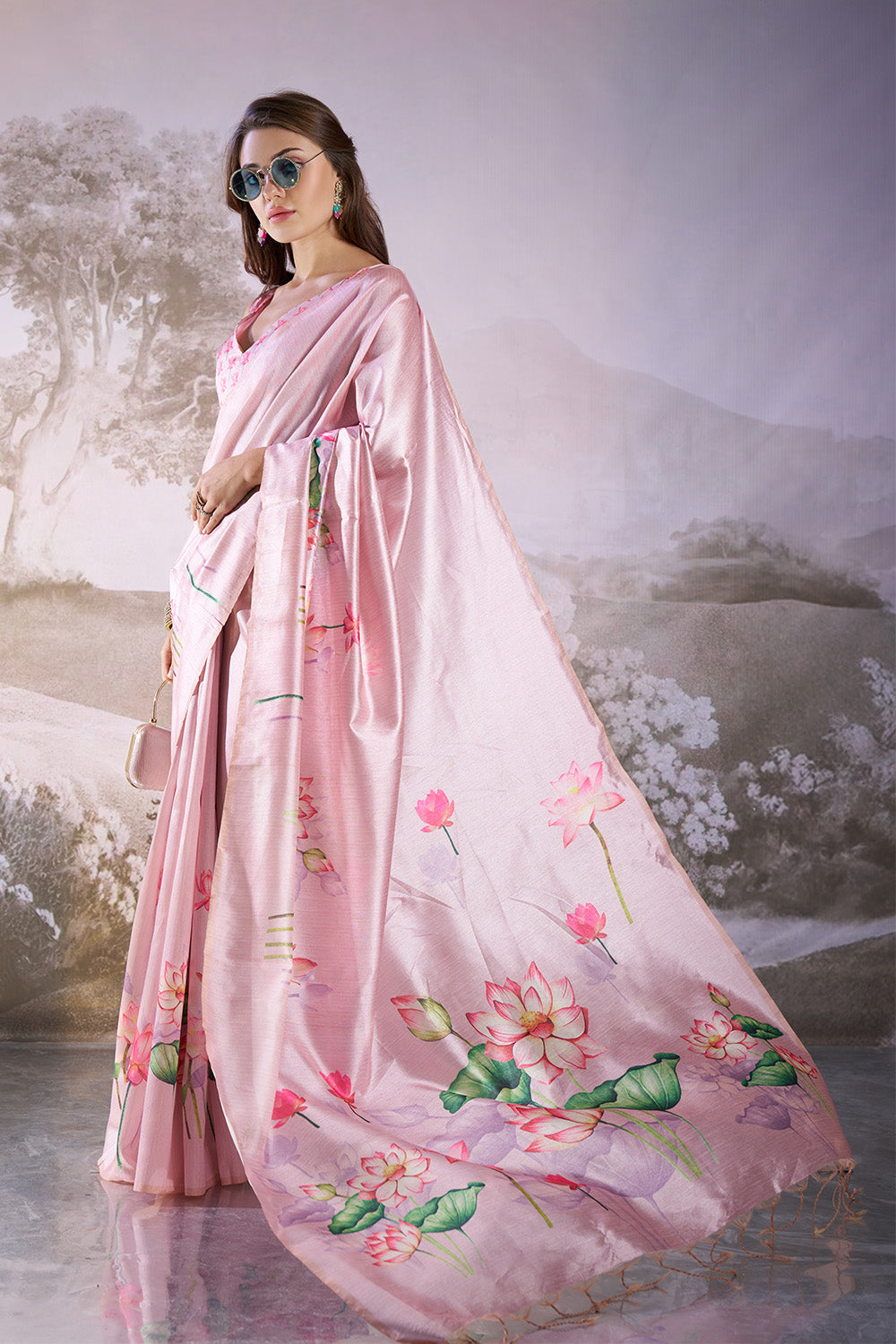 Pink Linen Blend Print Saree With Blouse