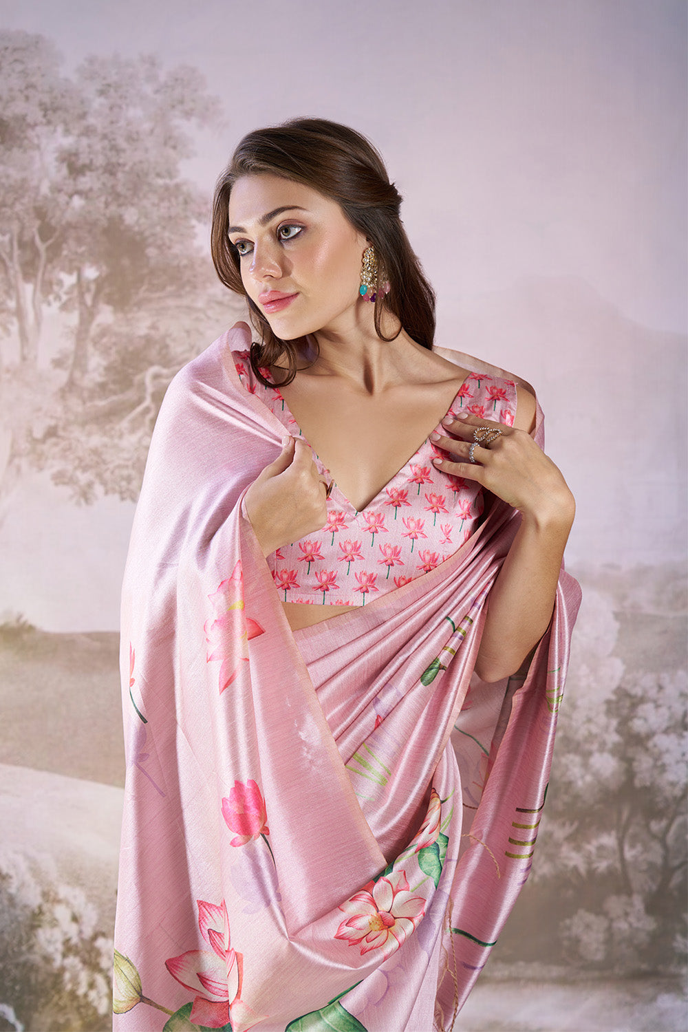 Pink Linen Blend Print Saree With Blouse