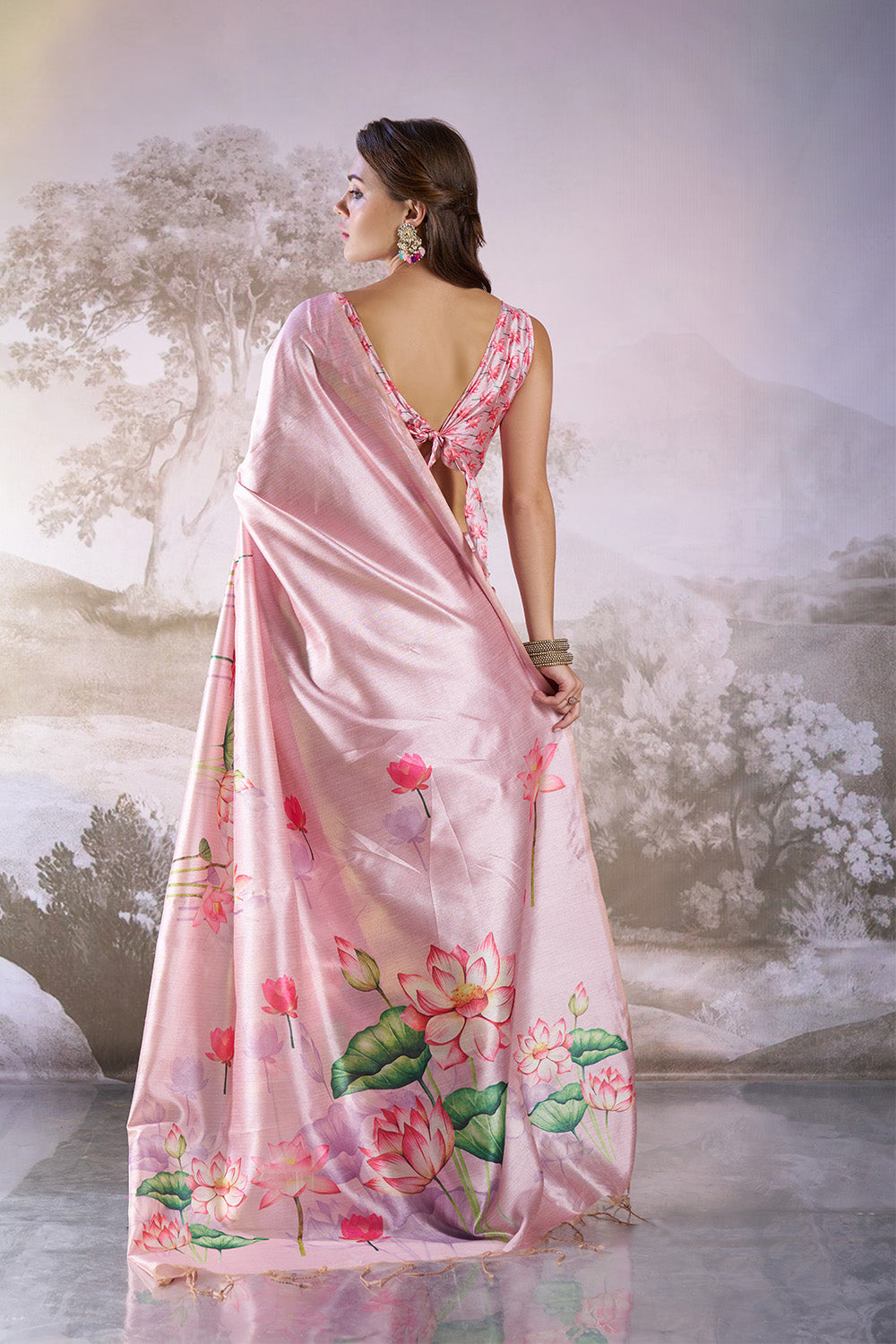 Pink Linen Blend Print Saree With Blouse