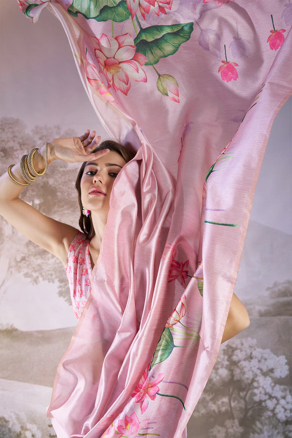 Pink Linen Blend Print Saree With Blouse