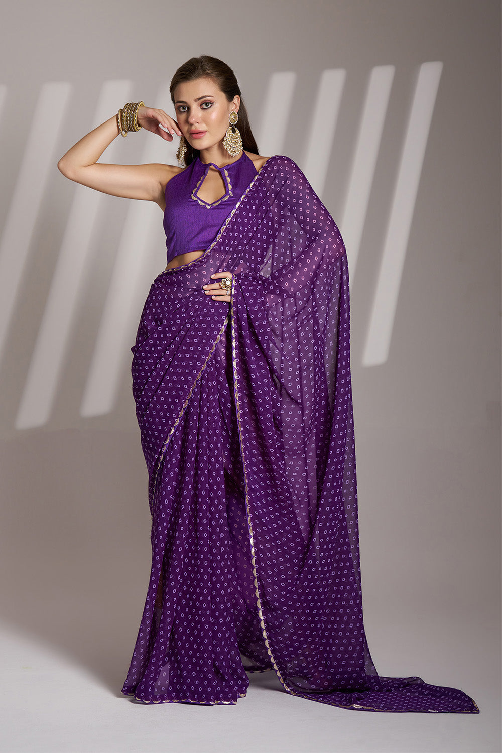Purple Georgette Saree With Lace Unstitched Blouse