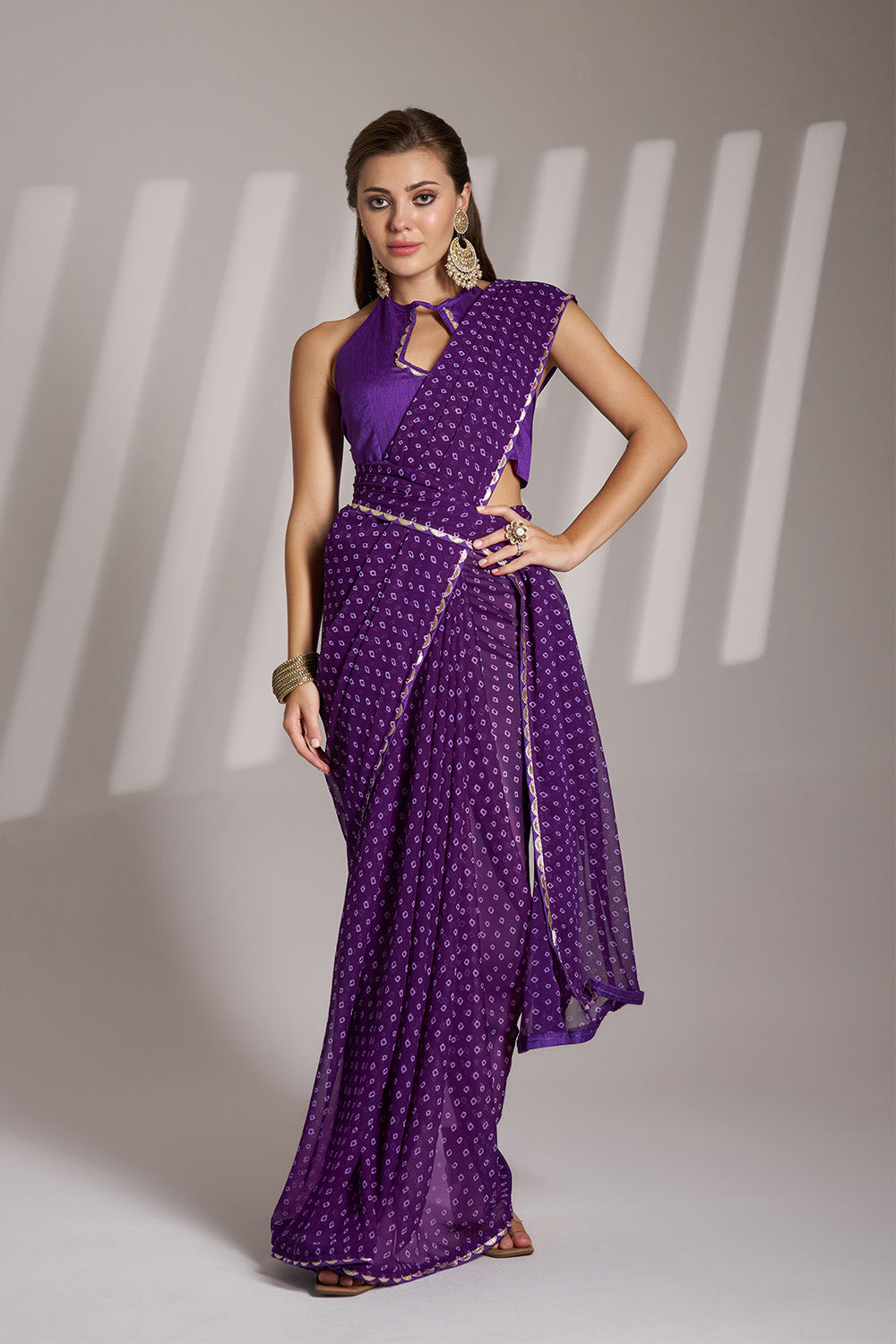 Purple Georgette Saree With Lace Unstitched Blouse