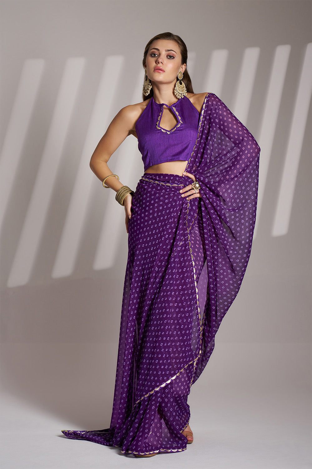 Purple Georgette Saree With Lace Unstitched Blouse