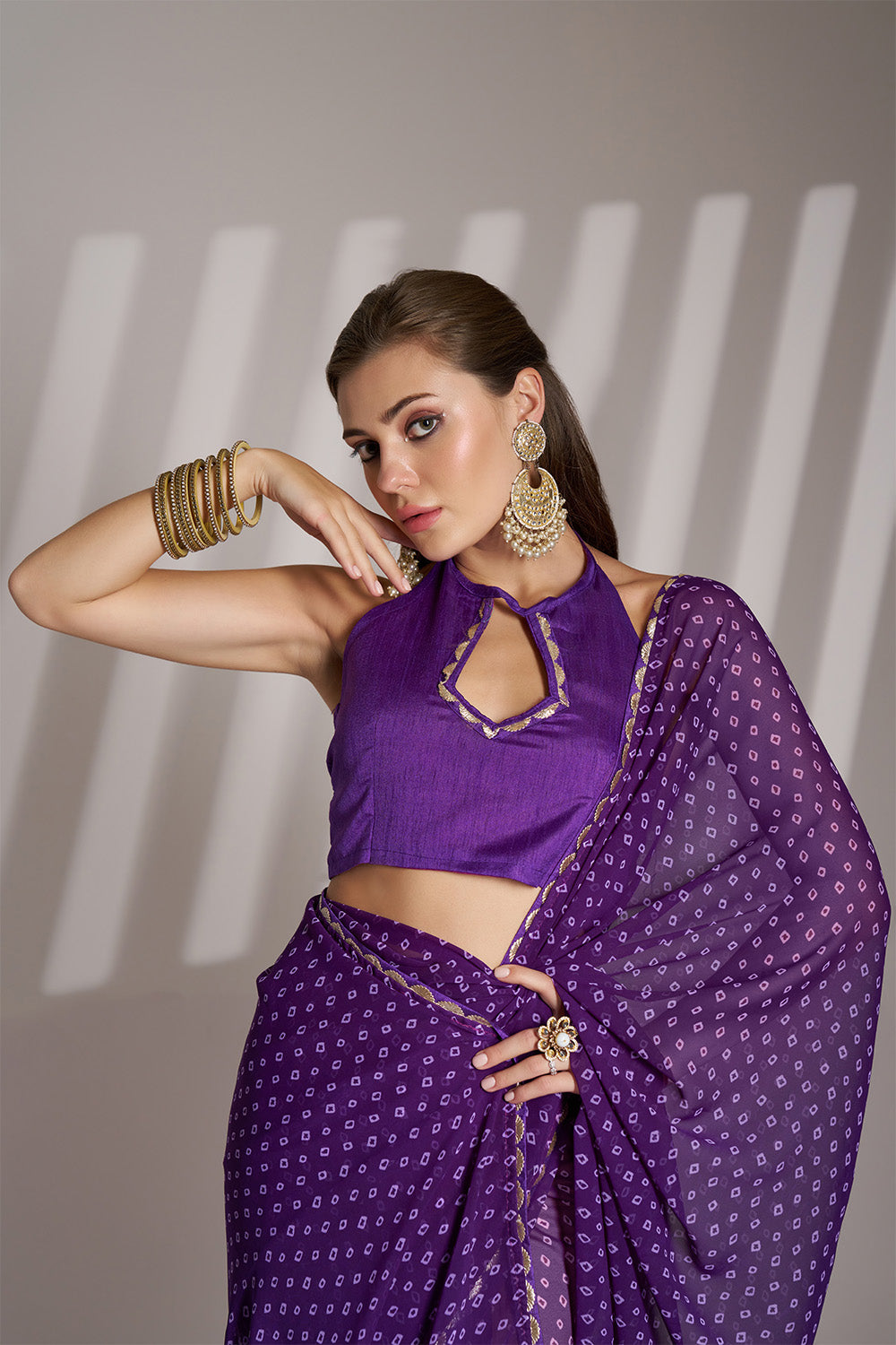 Purple Georgette Saree With Lace Unstitched Blouse