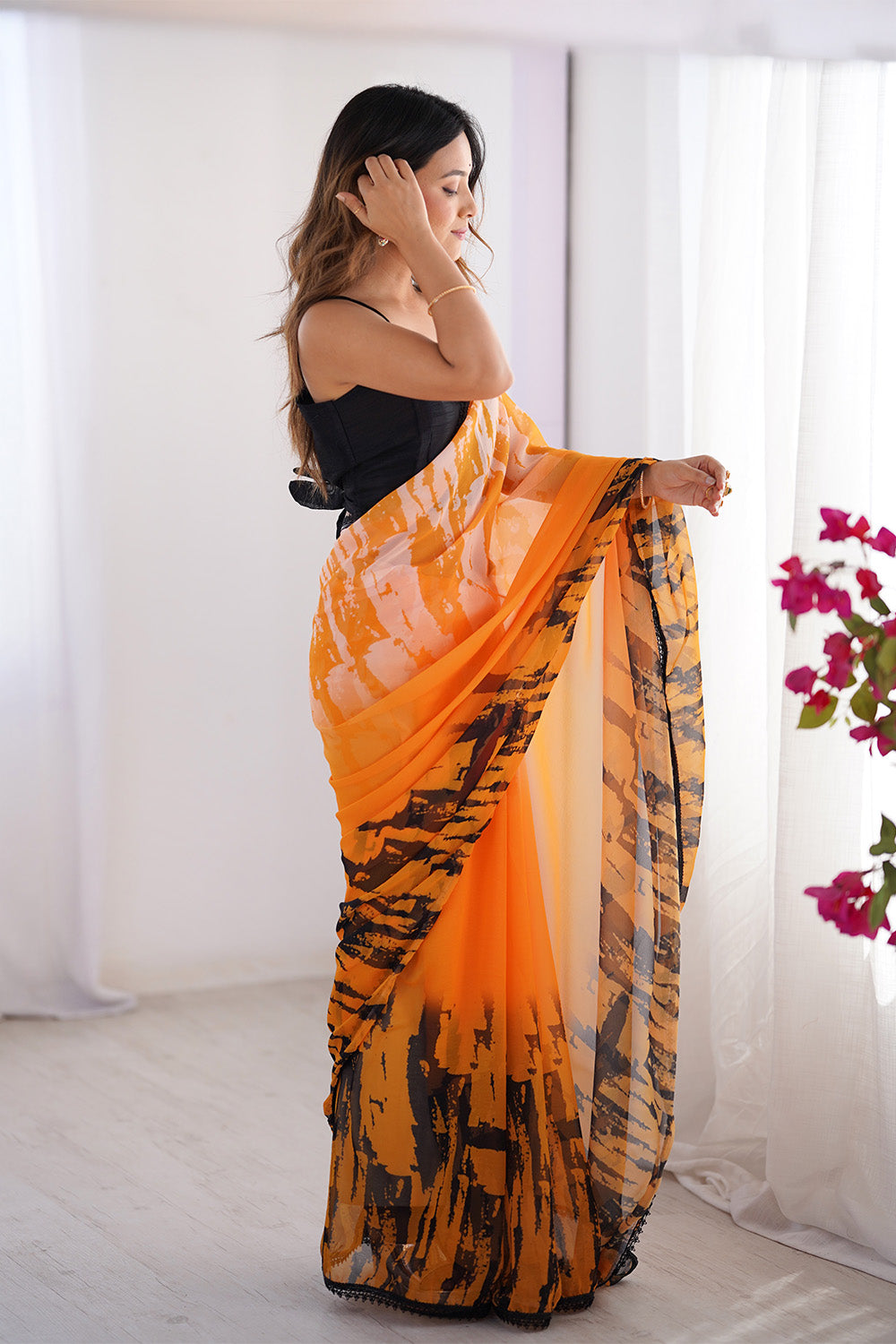 Orange Printed Chiffon Saree With Blouse