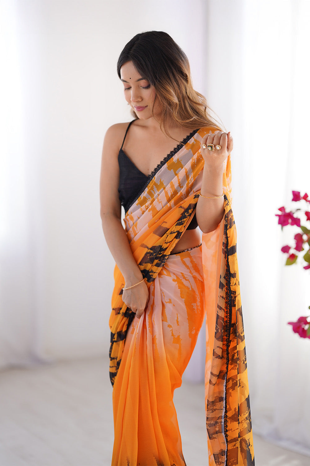 Orange Printed Chiffon Saree With Blouse