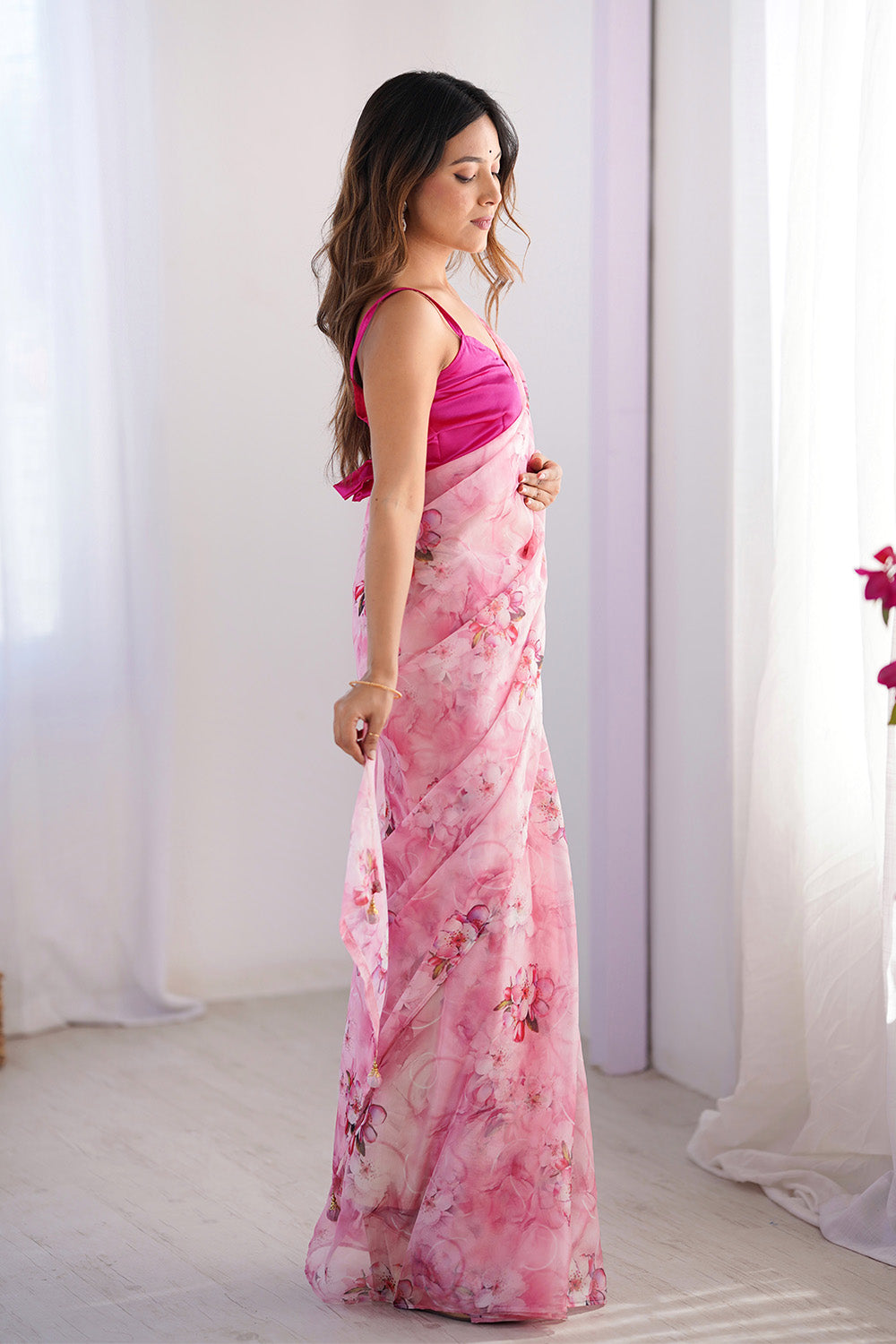 Pink Floral Printed Organza Saree With Blouse