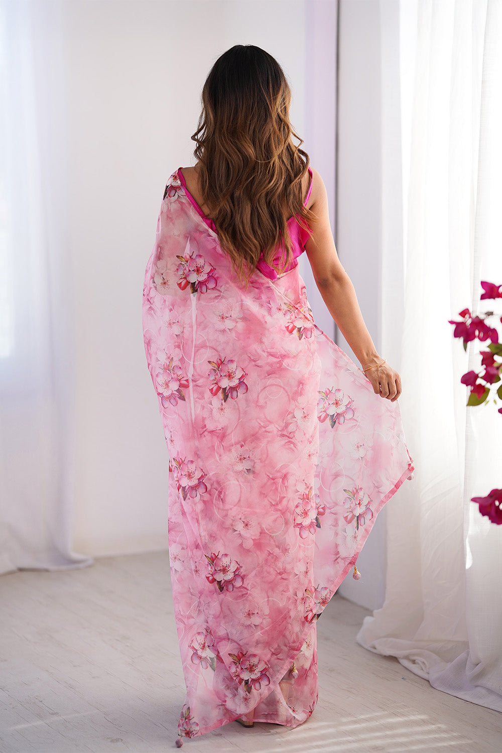 Pink Floral Printed Organza Saree With Blouse