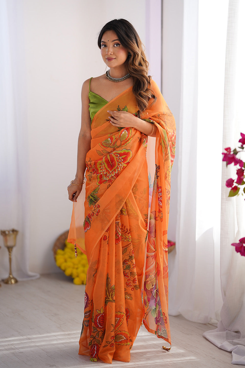 Orange Floral Organza Saree With Blouse