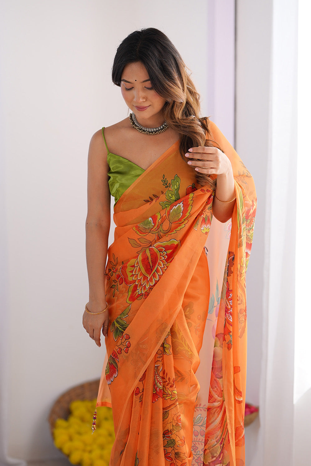 Orange Floral Organza Saree With Blouse