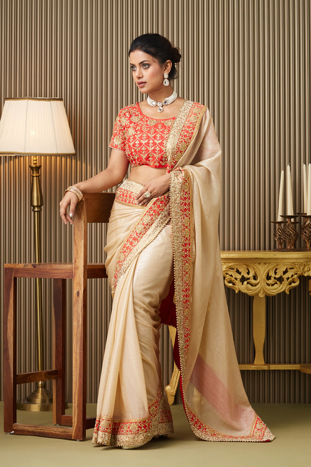 Beige Embroidered Chiffon Saree With Blouse