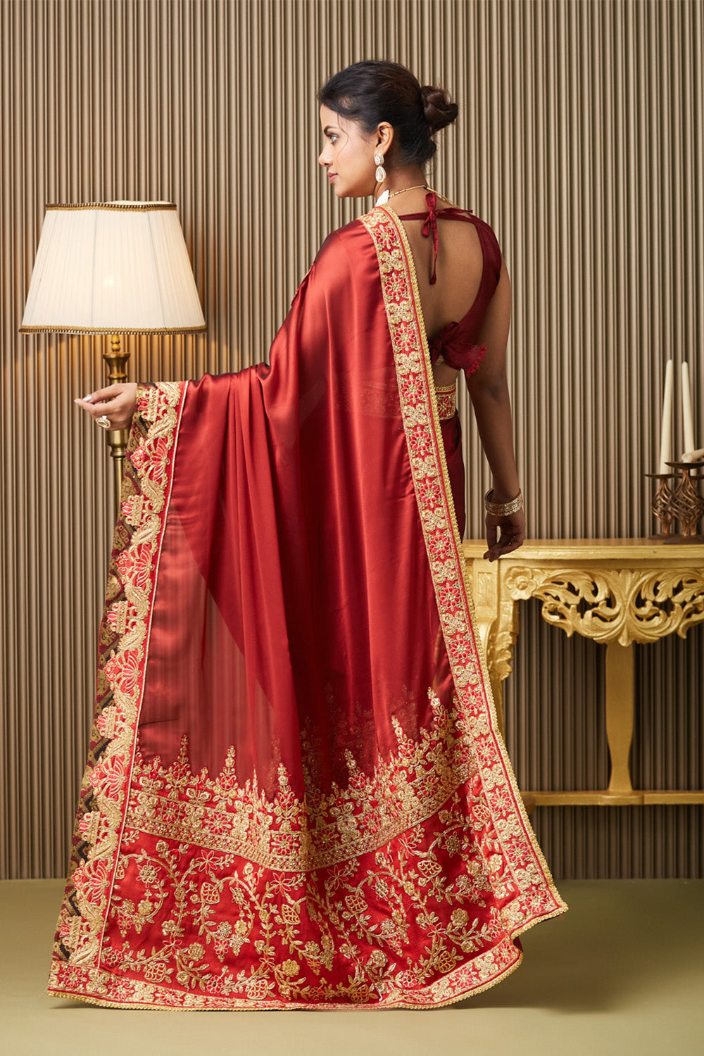 Red Embroidered Satin Saree With Blouse