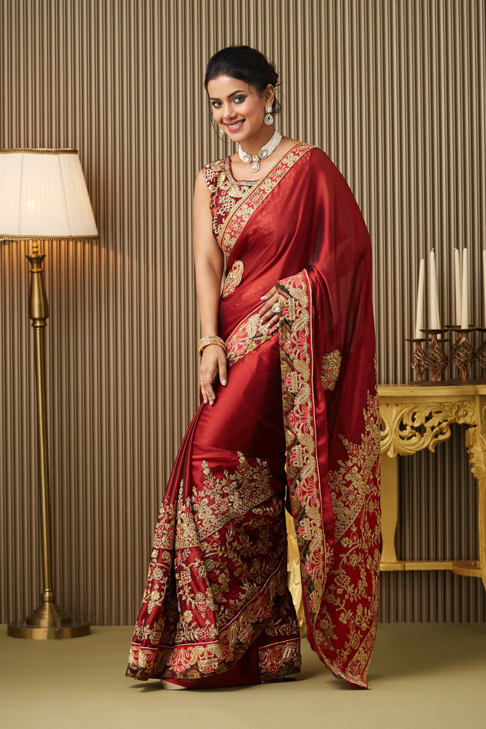 Red Embroidered Satin Saree With Blouse