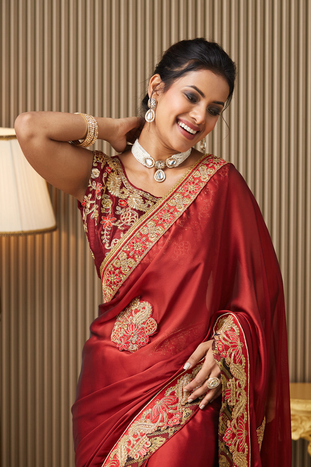 Red Embroidered Satin Saree With Blouse