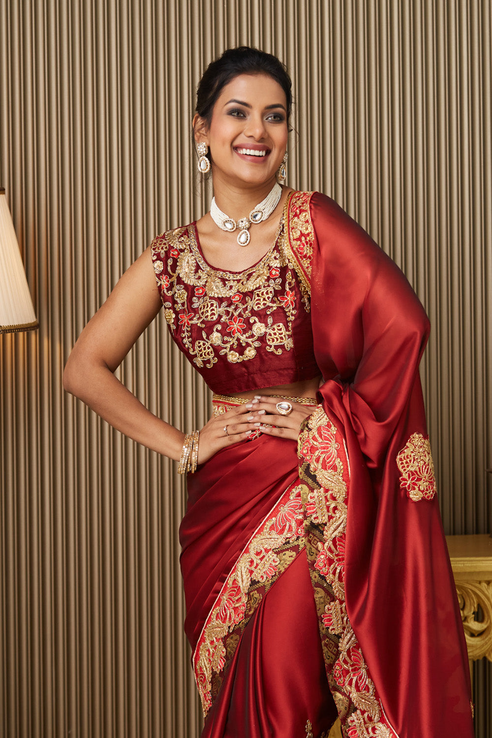 Red Embroidered Satin Saree With Blouse