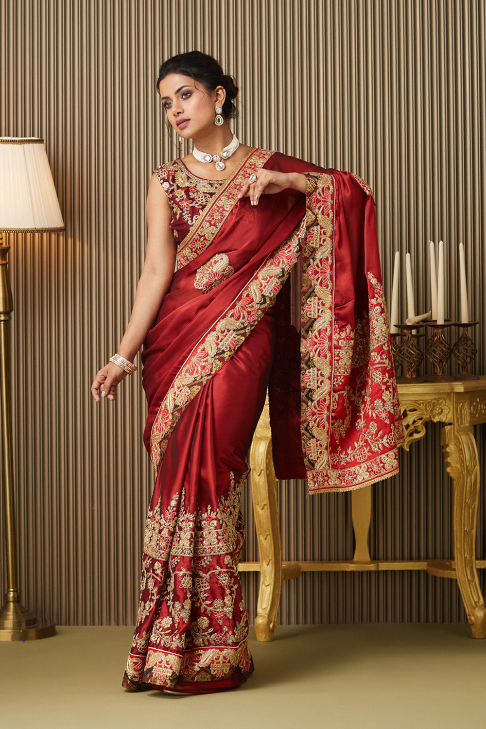 Red Embroidered Satin Saree With Blouse
