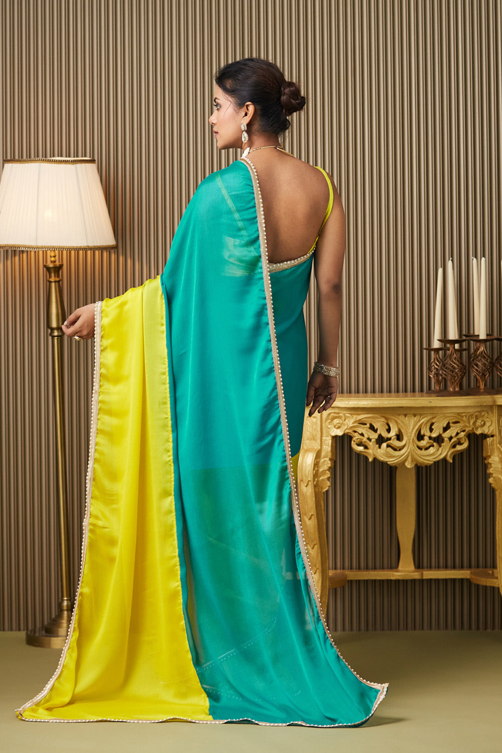 Green Yellow Motiwork Lace Chiffon Saree With Blouse