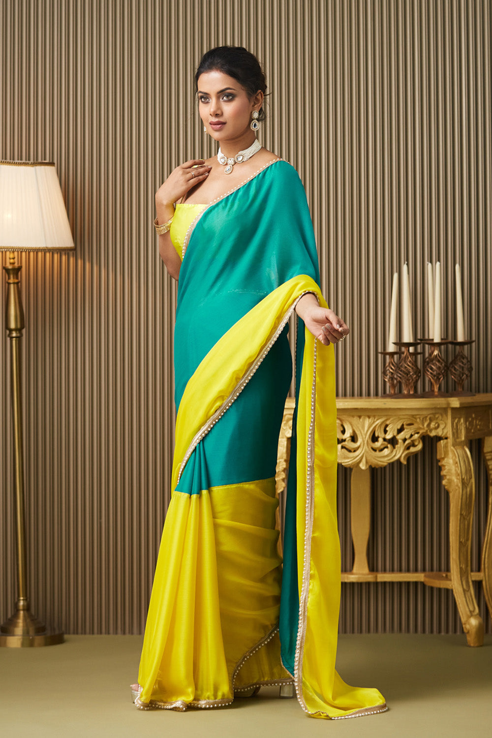 Green Yellow Motiwork Lace Chiffon Saree With Blouse