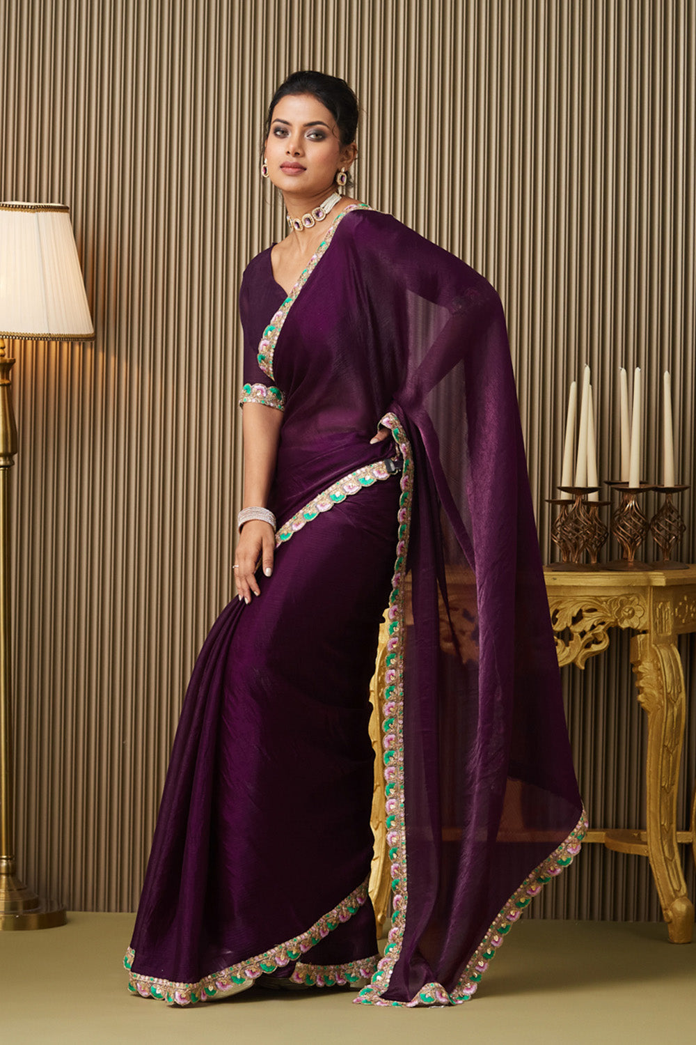 Purple Designer Chiffon Saree With Blouse