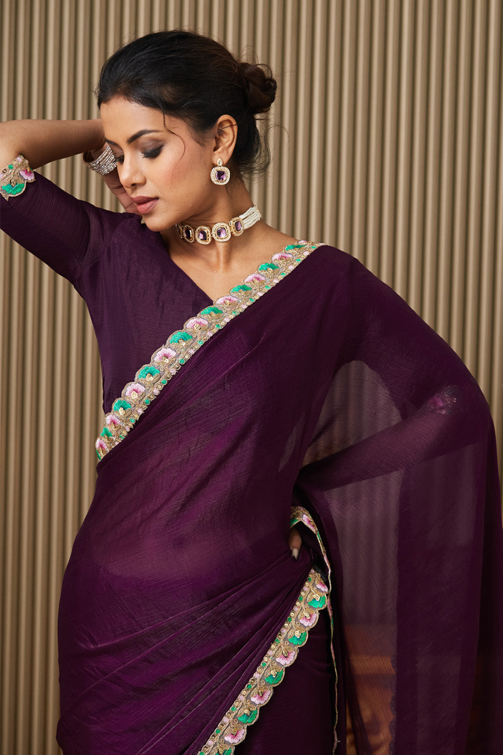 Purple Designer Chiffon Saree With Blouse