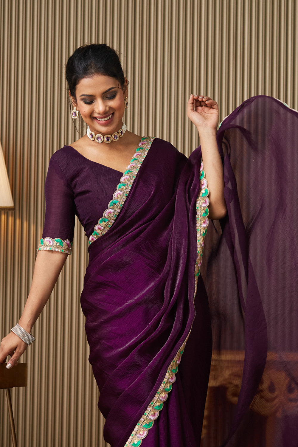 Purple Designer Chiffon Saree With Blouse