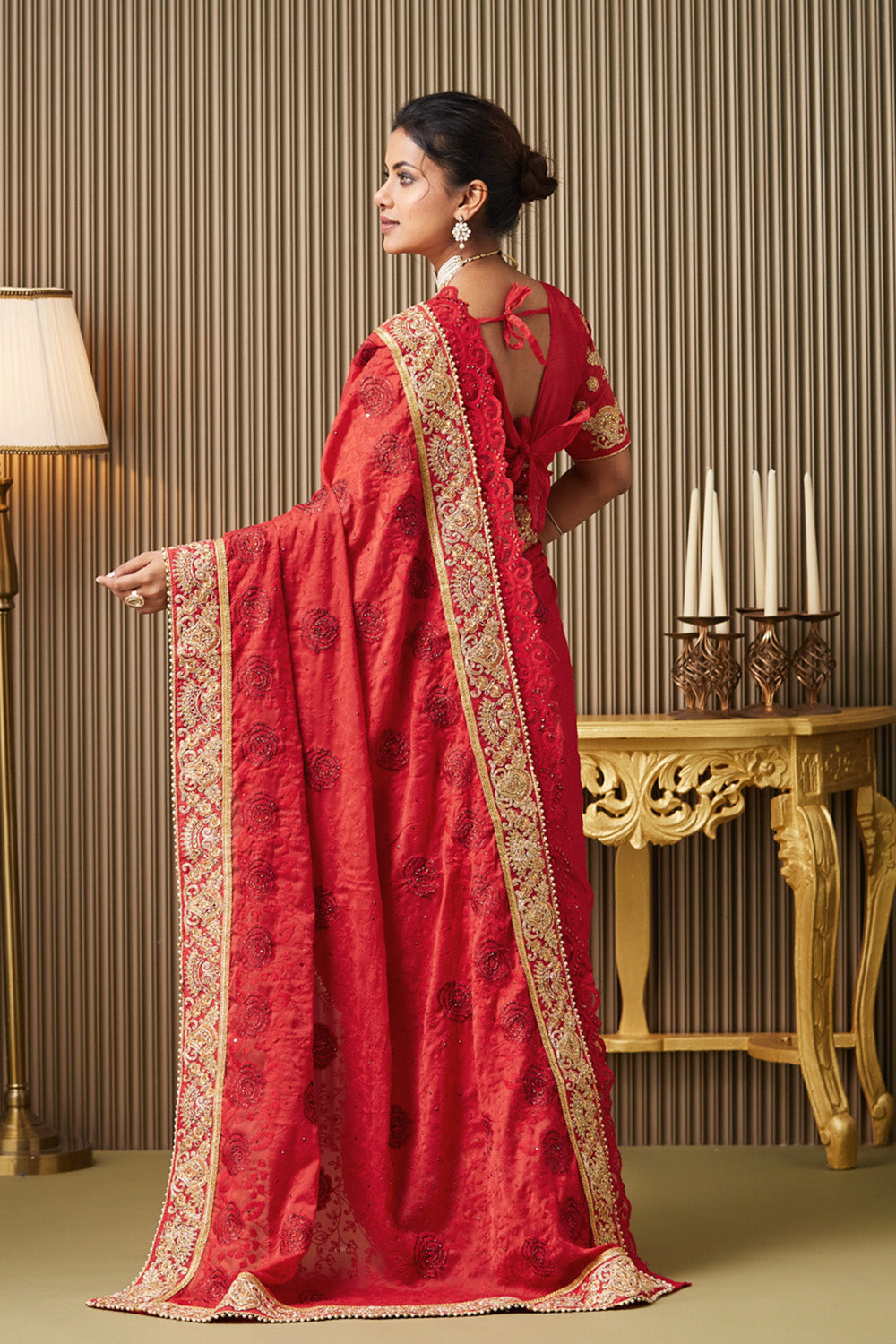 Red Embroidered Satin Saree With Blouse